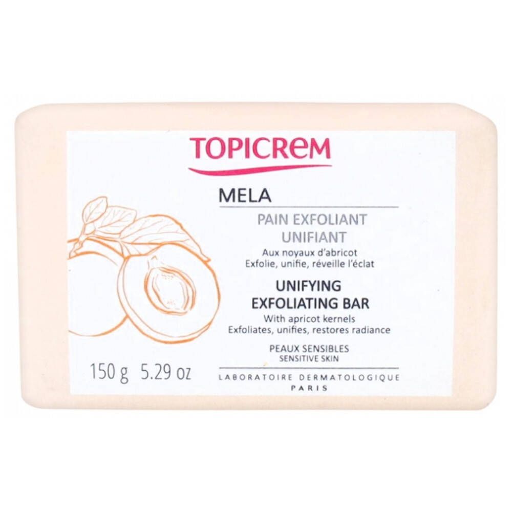 Sapone esfoliante TOPICREM. Sapone rettangolare con stampa. Contiene noccioli di albicocca. Testo: "Unifying Exfoliating Bar".