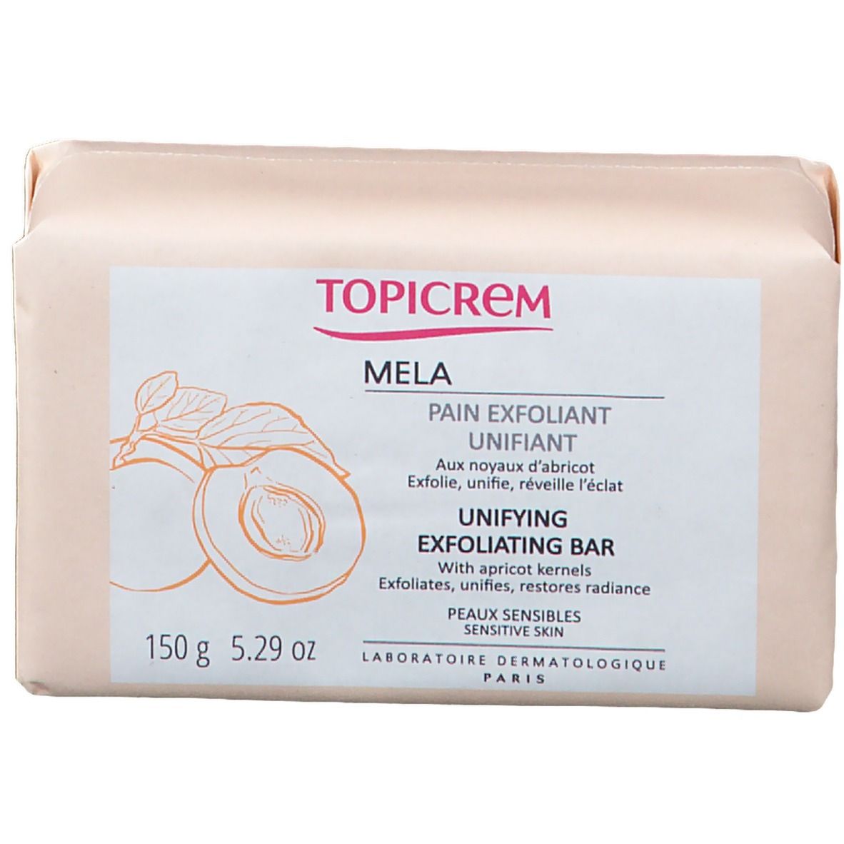 Sapone esfoliante TOPICREM, confezionato. Sapone rettangolare con stampa. Contiene noccioli di albicocca. Testo: "Unifying Exfoliating Bar".