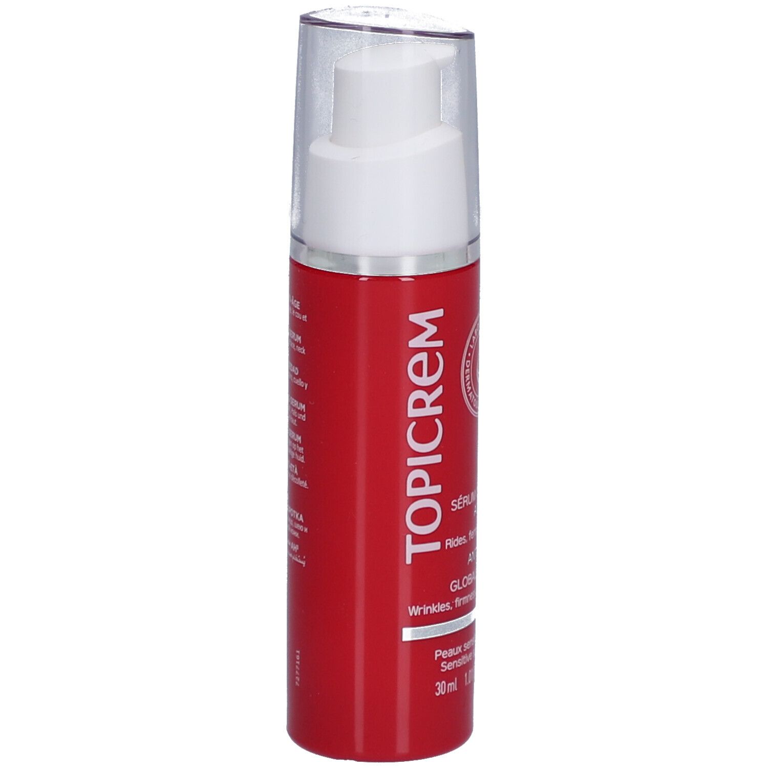 Flacone di siero rosso con dosatore bianco. Scritte: TOPICREM, Sérum Global Anti-Âge. Per pelli sensibili. 30 ml.