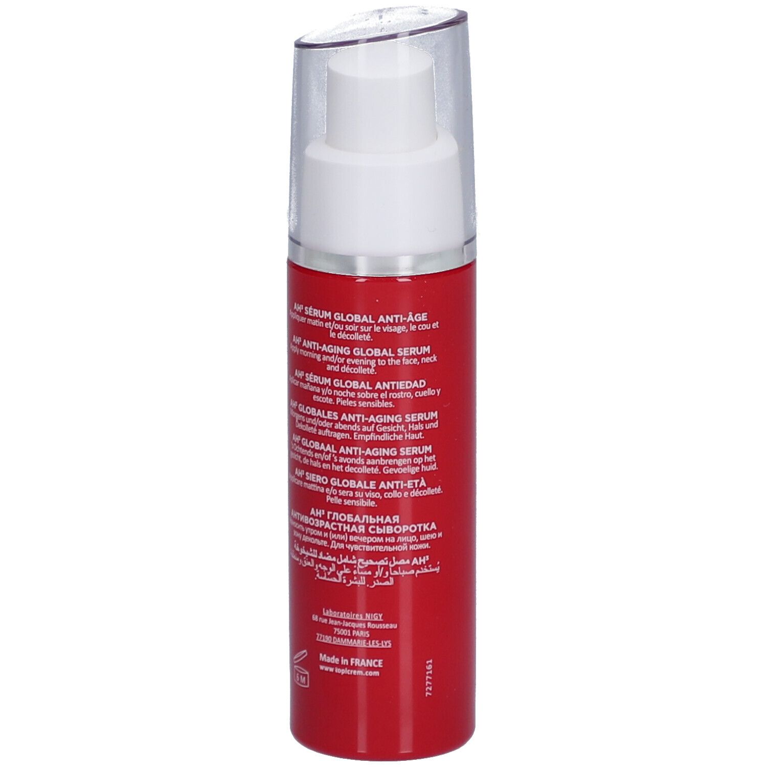 Flacone di siero rosso con dosatore bianco. Retro con testo multilingue. Scritta: AH³ Sérum Global Anti-Âge.