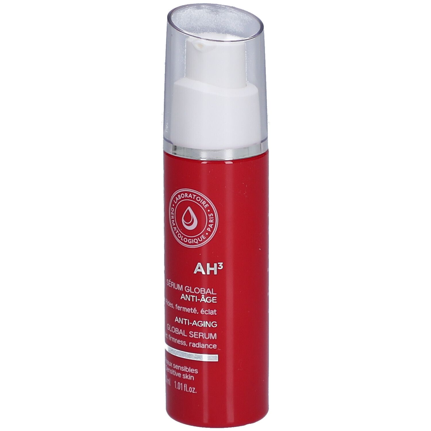 Flacone di siero rosso con dosatore bianco. Scritte: TOPICREM, AH³, Sérum Global Anti-Âge. Per pelli sensibili. 30 ml.