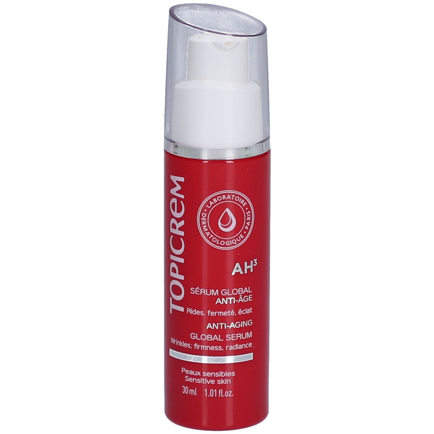 Flacone di siero rosso con dosatore bianco. Scritte: TOPICREM, AH³, Sérum Global Anti-Âge. Per pelli sensibili. 30 ml.