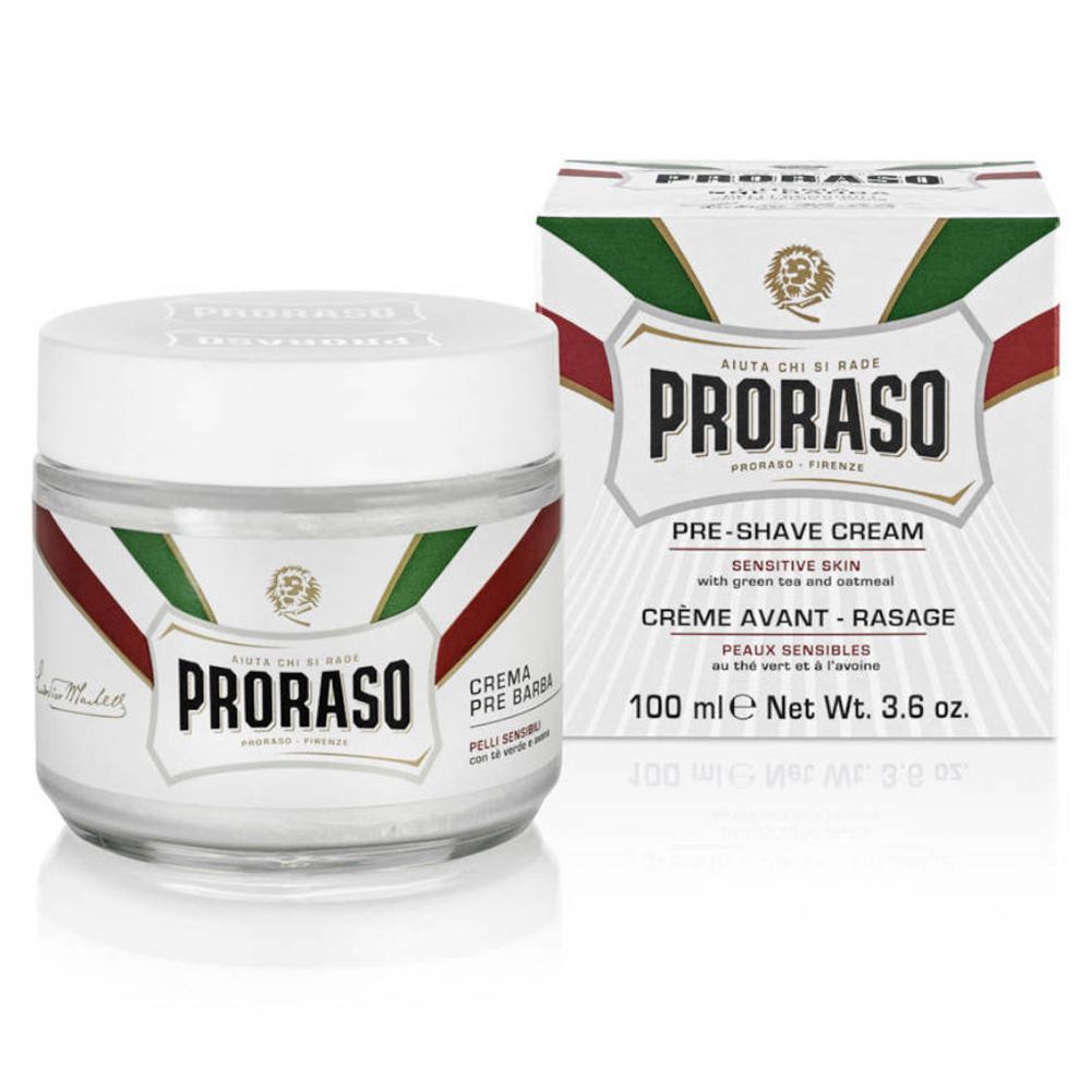 Vasetto bianco con coperchio e scatola. Scritta PRORASO, PRE-SHAVE CREAM. Strisce verdi, rosse e bianche.