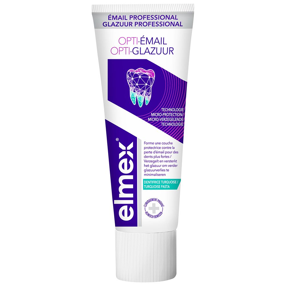 Tubo di dentifricio Elmex Professional Opti-Glazuur. Tubo bianco, logo e testo viola.