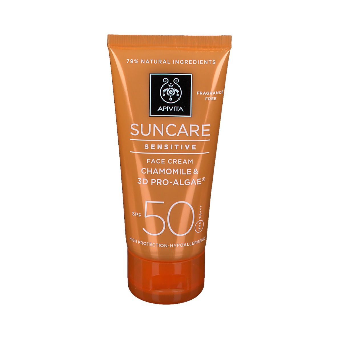 Tubo arancione con testo bianco. Crema solare. SPF 50. "Suncare Sensitive Face Cream".