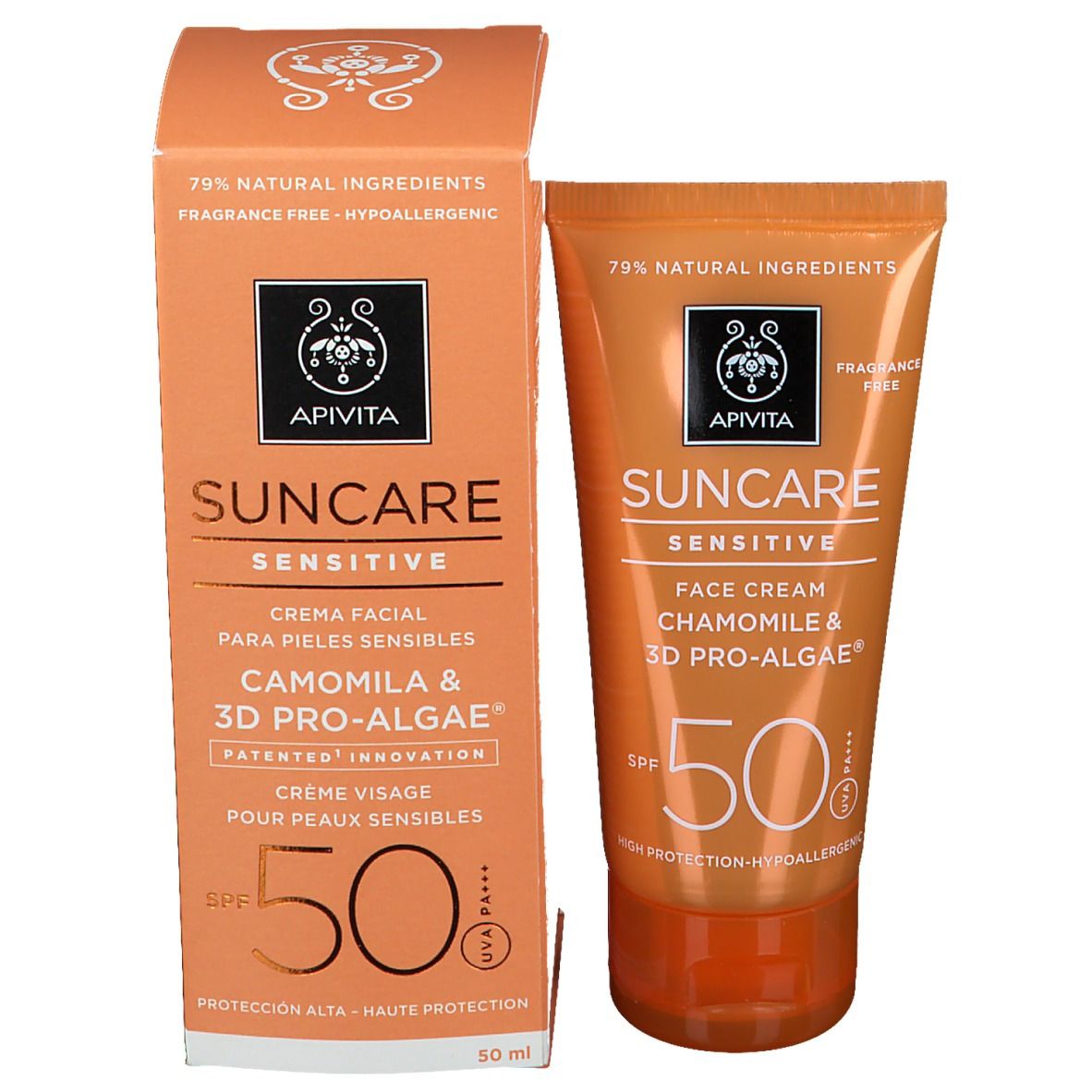 Tubo e scatola di crema solare. Arancione. SPF 50. "Suncare Sensitive Face Cream".