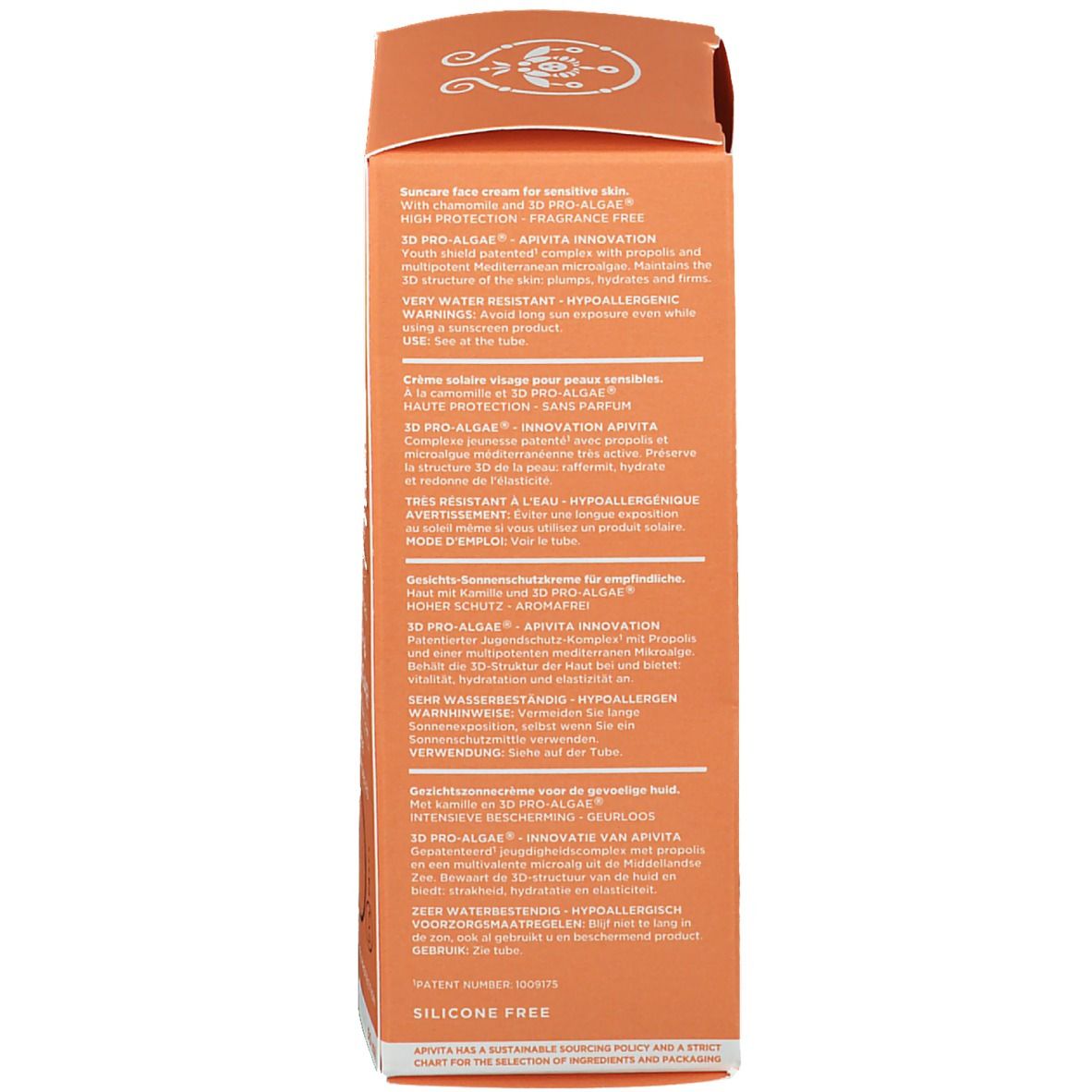 Retro della scatola di crema solare. Testo multilingue. Sfondo arancione.
