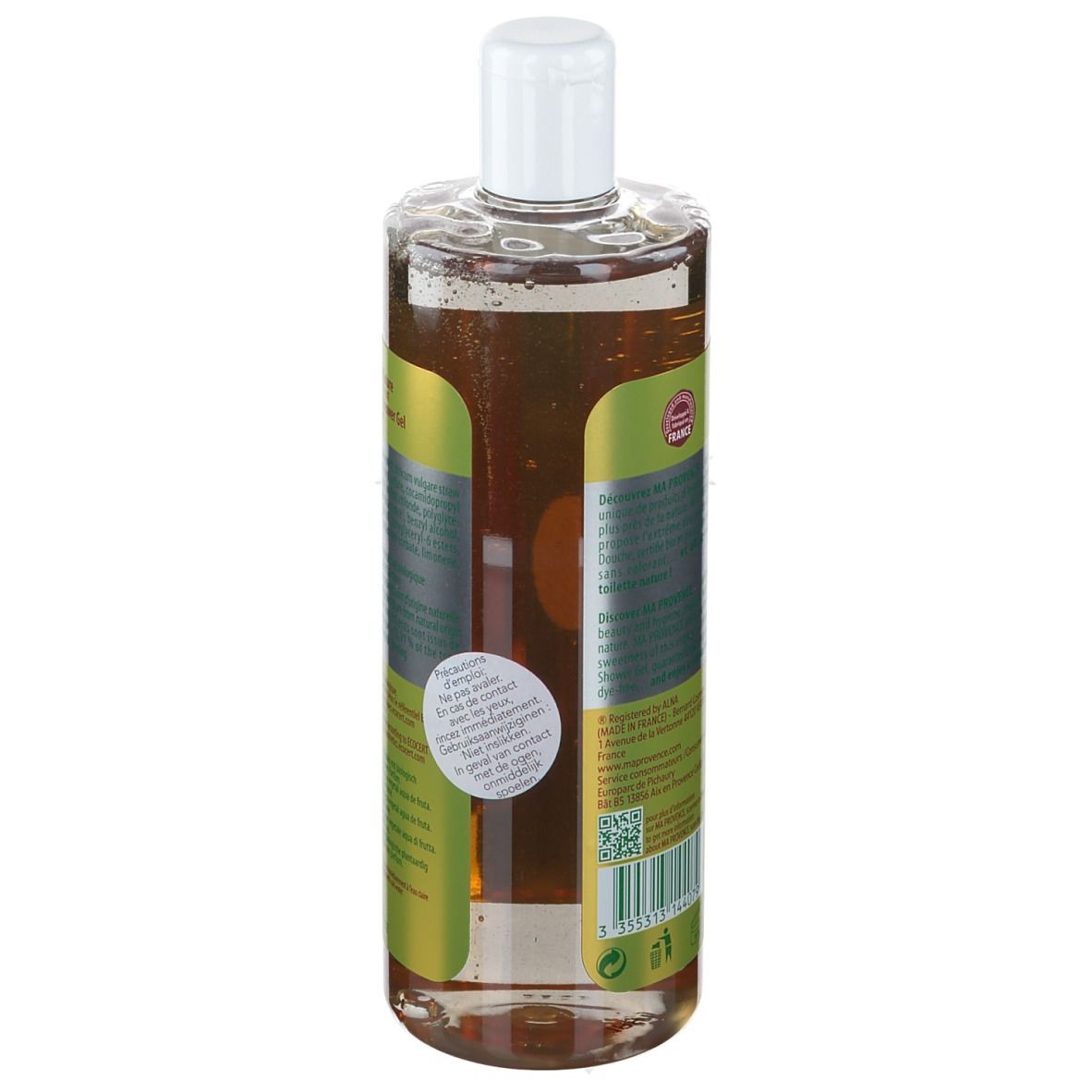 Retro della bottiglia Ma Provence Bagnoschiuma Naturale Olio di Argan. Testo, logo, sigillo bio e informazioni sull'etichetta verde.