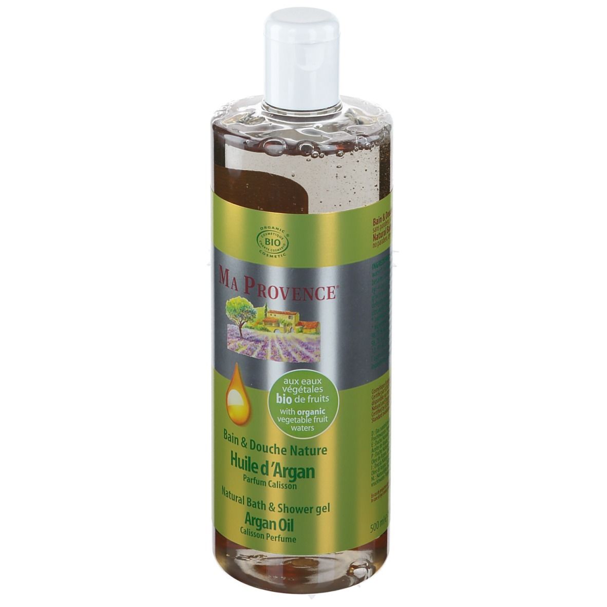 Ma Provence Bagnoschiuma Naturale Olio di Argan. Bottiglia con tappo bianco. Etichetta verde-argento con logo, testo e sigillo bio.