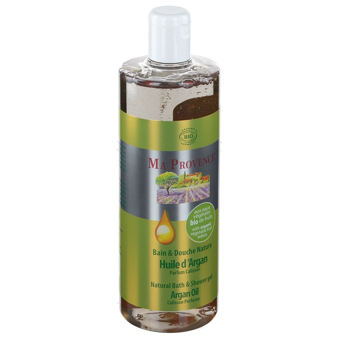 Ma Provence Bagnoschiuma Naturale Olio di Argan. Bottiglia con tappo bianco. Etichetta verde-argento con logo, testo e sigillo bio.