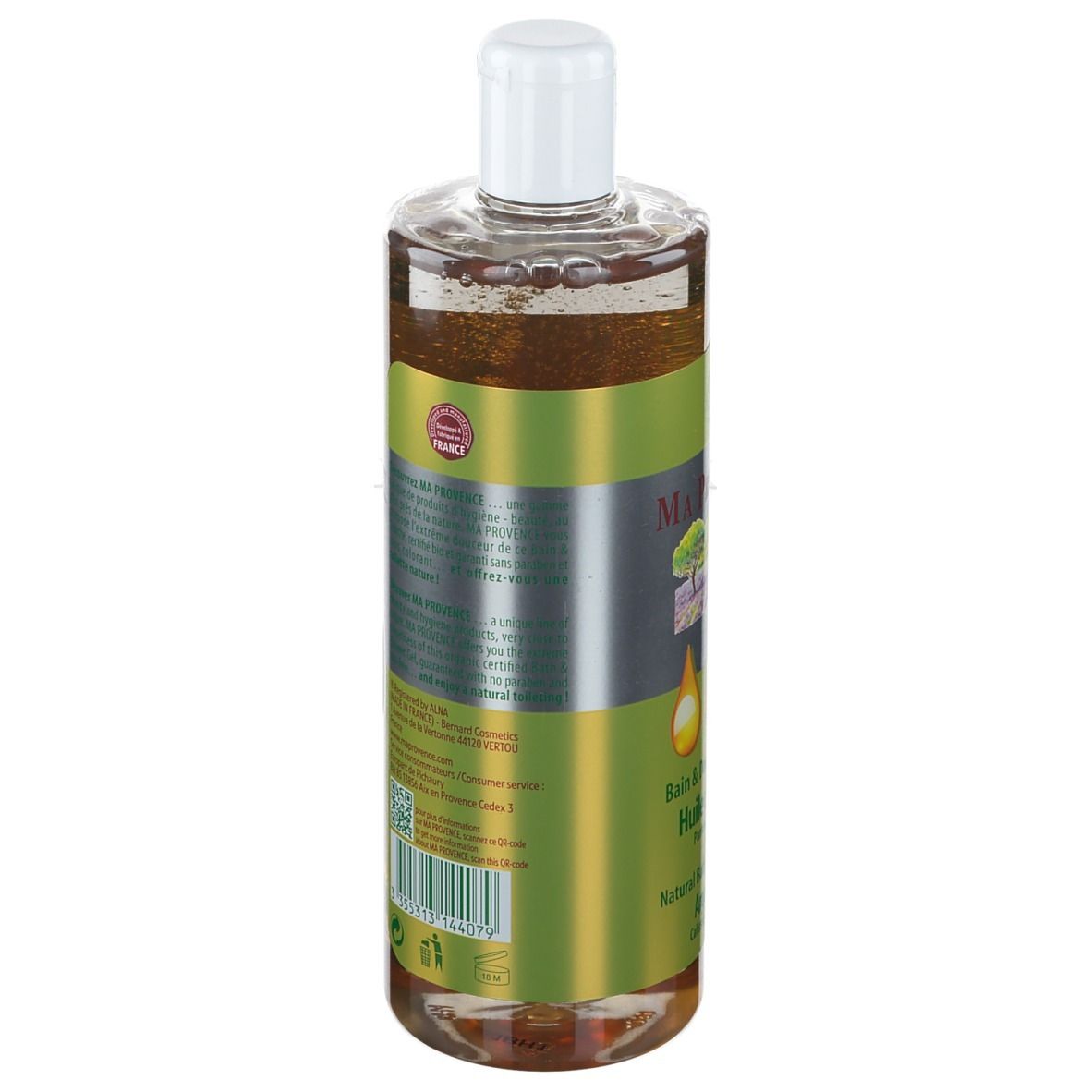 Retro della bottiglia Ma Provence Bagnoschiuma Naturale Olio di Argan. Testo, logo, sigillo bio e informazioni sull'etichetta verde.