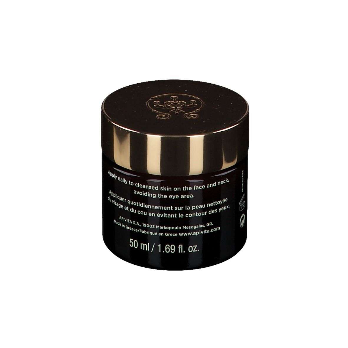 Vaso scuro con coperchio dorato. Scritta: APIVITA Queen Bee. Testo in inglese e francese.