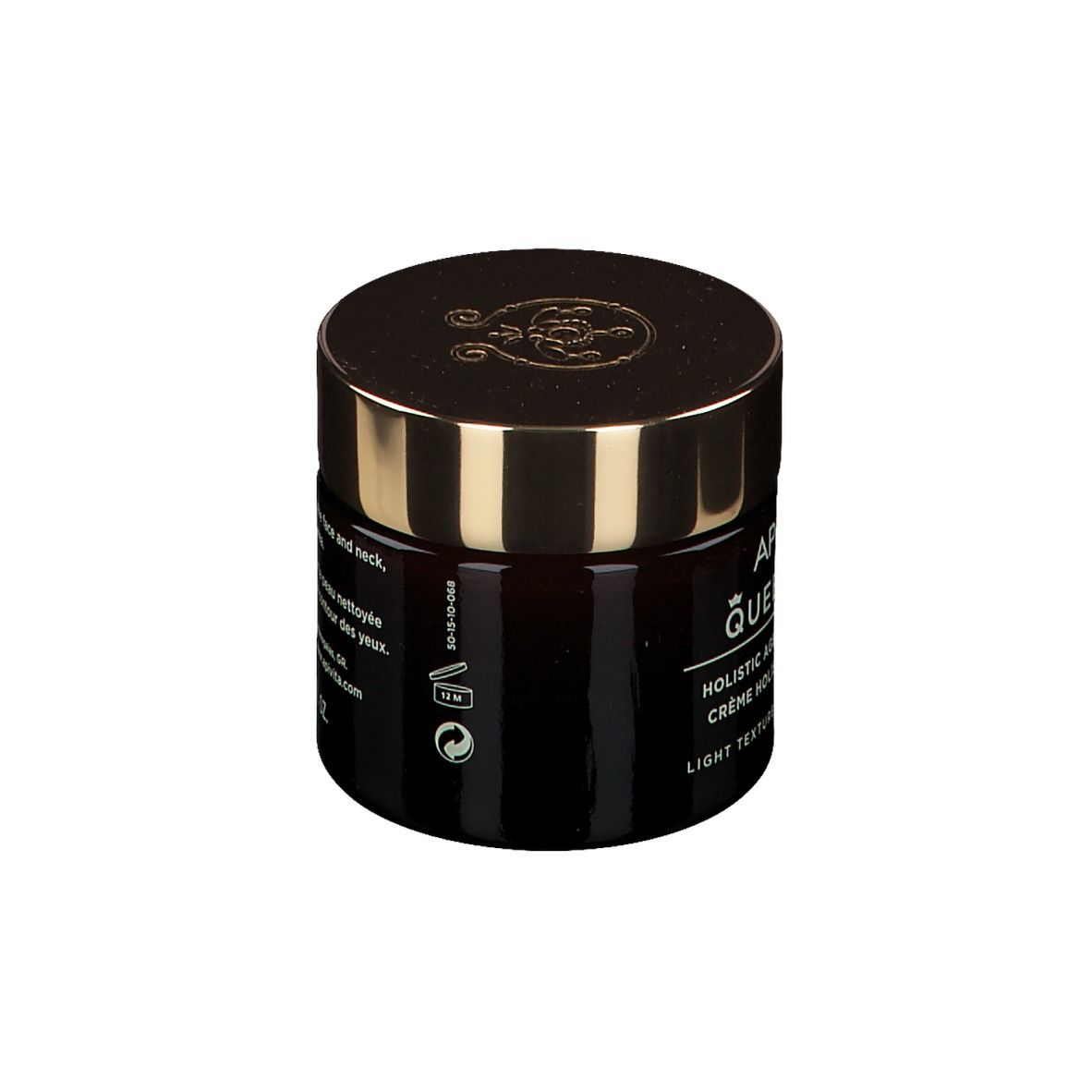 Vaso scuro con coperchio dorato. Scritta: APIVITA Queen Bee. Testo in inglese e francese.