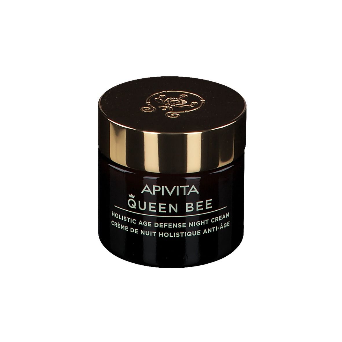 Vasetto marrone scuro con coperchio dorato. Scritta: APIVITA QUEEN BEE, Holistic Age Defense Night Cream.