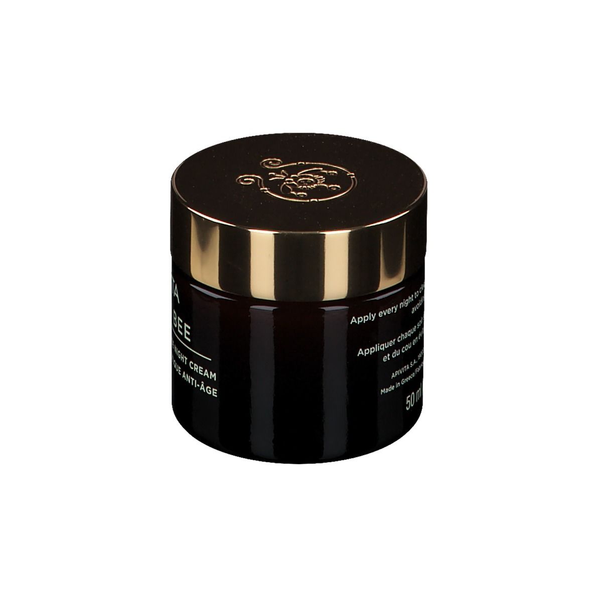 Vasetto marrone scuro con coperchio dorato. Scritta: APIVITA QUEEN BEE, Holistic Age Defense Night Cream.