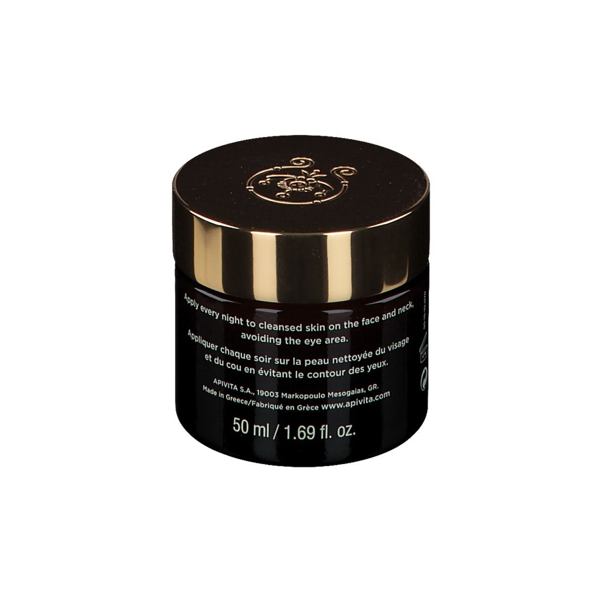 Vasetto marrone scuro con coperchio dorato. Scritta: APIVITA QUEEN BEE, Holistic Age Defense Night Cream.