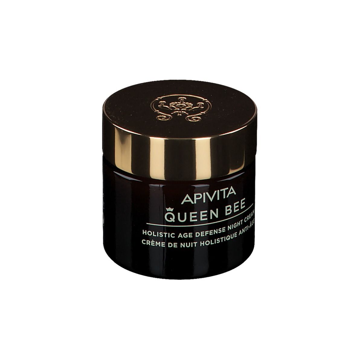 Vasetto marrone scuro con coperchio dorato. Scritta: APIVITA QUEEN BEE, Holistic Age Defense Night Cream.