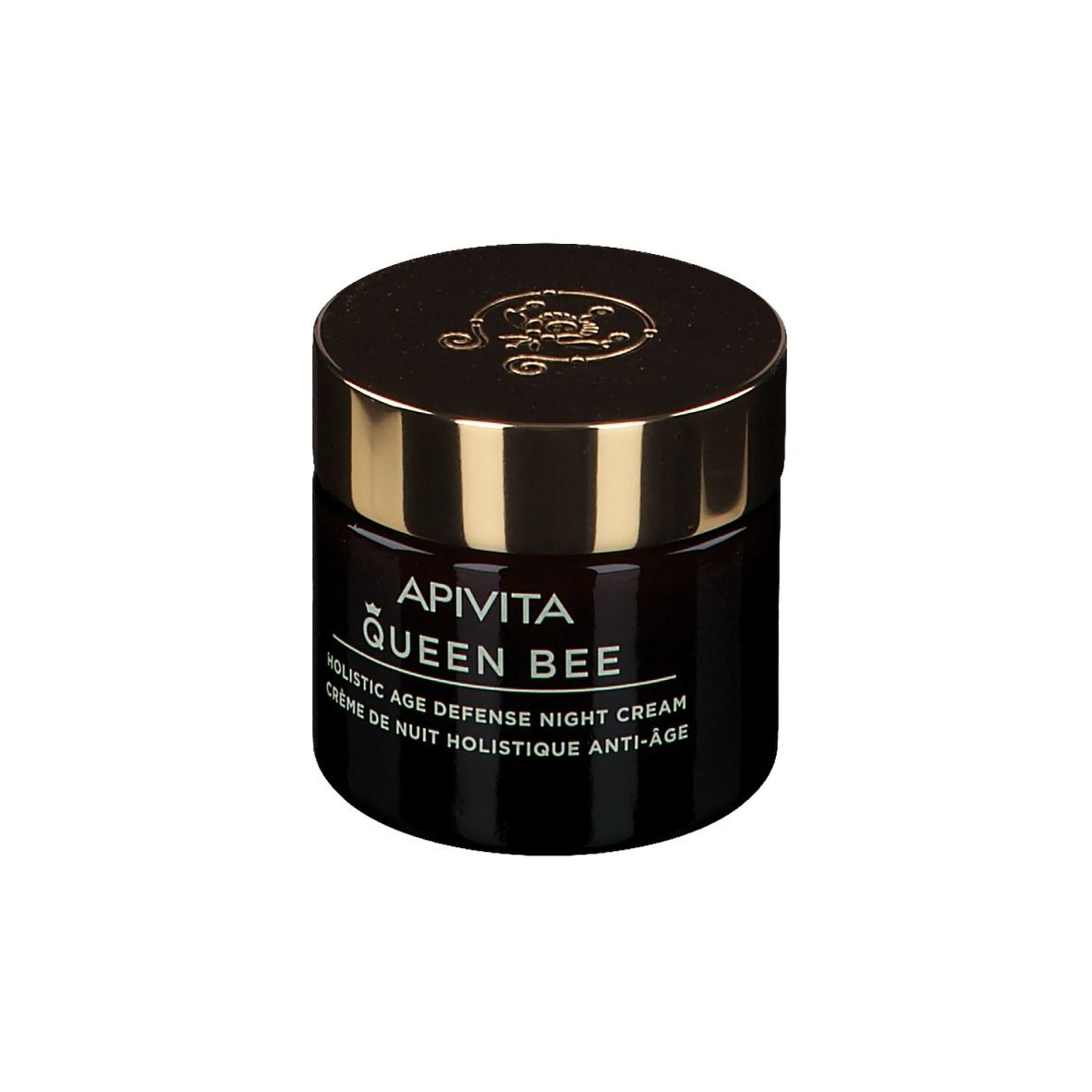Vasetto marrone scuro con coperchio dorato. Scritta: APIVITA QUEEN BEE, Holistic Age Defense Night Cream.