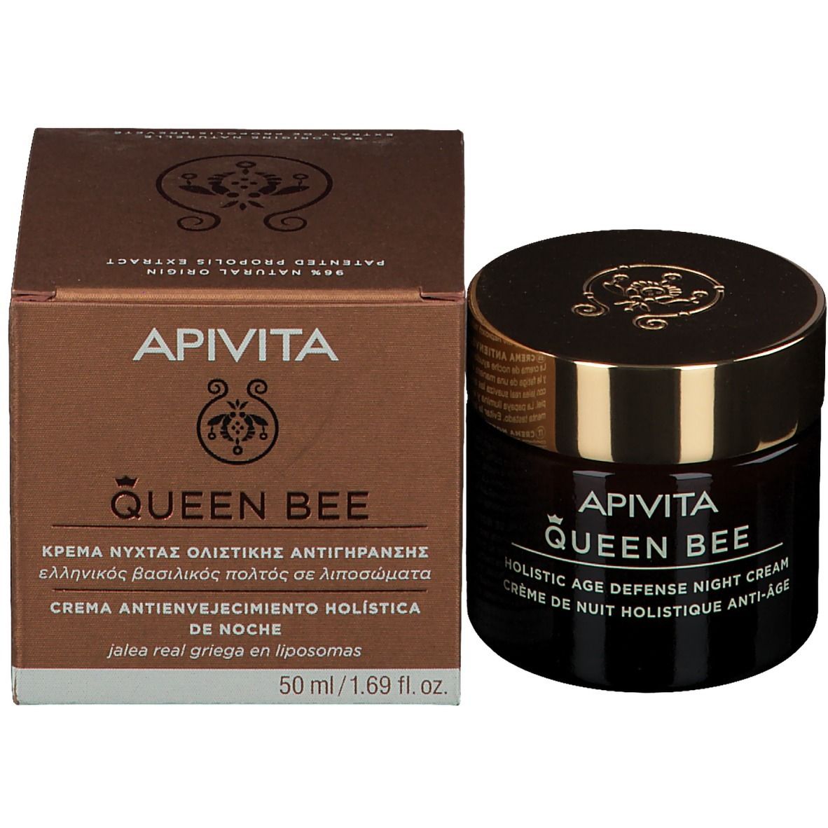 Confezione del prodotto con vetro e cartone. Scritta: APIVITA QUEEN BEE, Holistic Age Defense Night Cream, 50 ml.