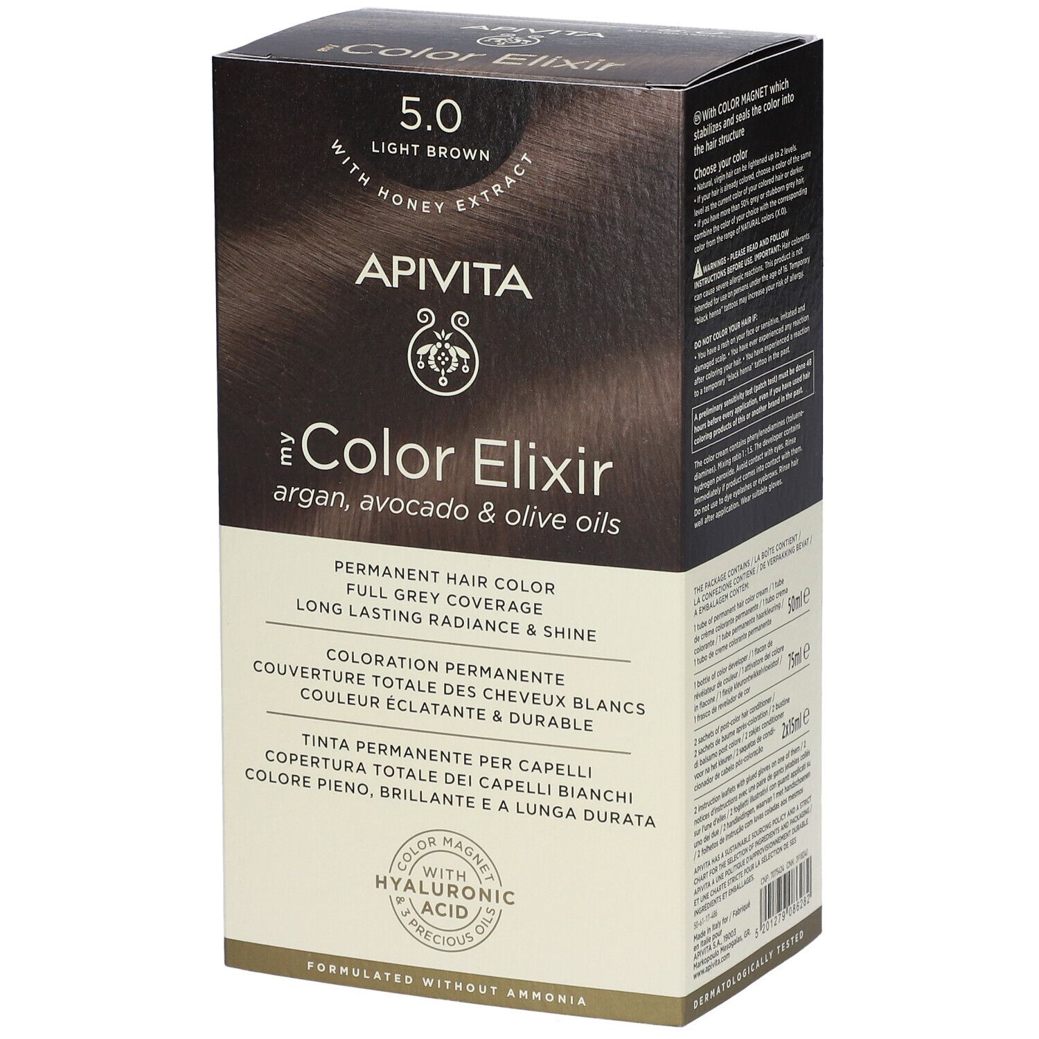 API VITA Color Elixir tinta permanente 5.0 Castano chiaro con estratto di miele, oli di argan, avocado e oliva.