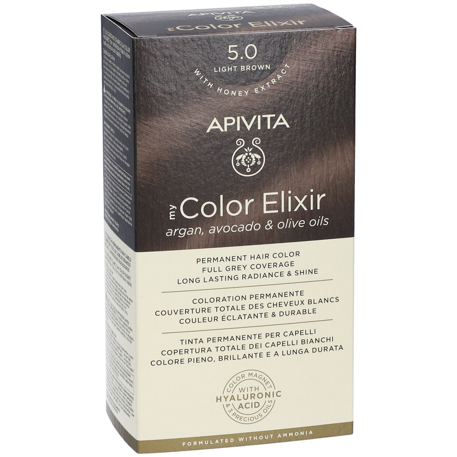 APIVITA Color Elixir tinta permanente, 5.0 Castano chiaro, con oli di argan, avocado e oliva.