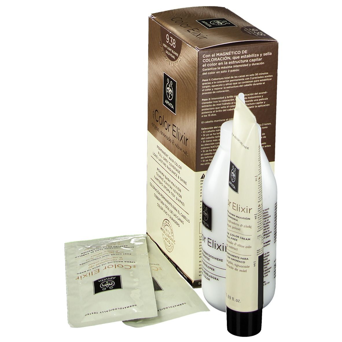 Confezione tinta per capelli con flacone, tubo e bustine. Scritta: APIVITA Color Elixir, 9.38, Biondo chiarissimo oro perla.