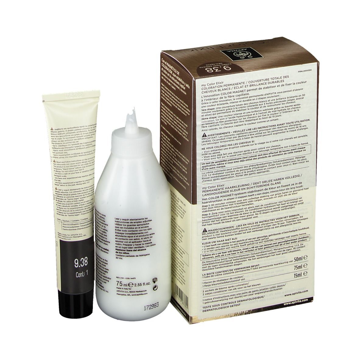 Confezione tinta per capelli con flacone, tubo e retro. Scritta: APIVITA Color Elixir, 9.38.