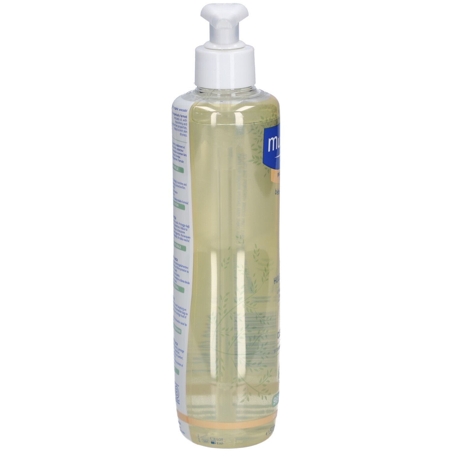 Flacone di olio detergente Mustela, vista laterale. Flacone trasparente con liquido giallastro. Scritte sul flacone.