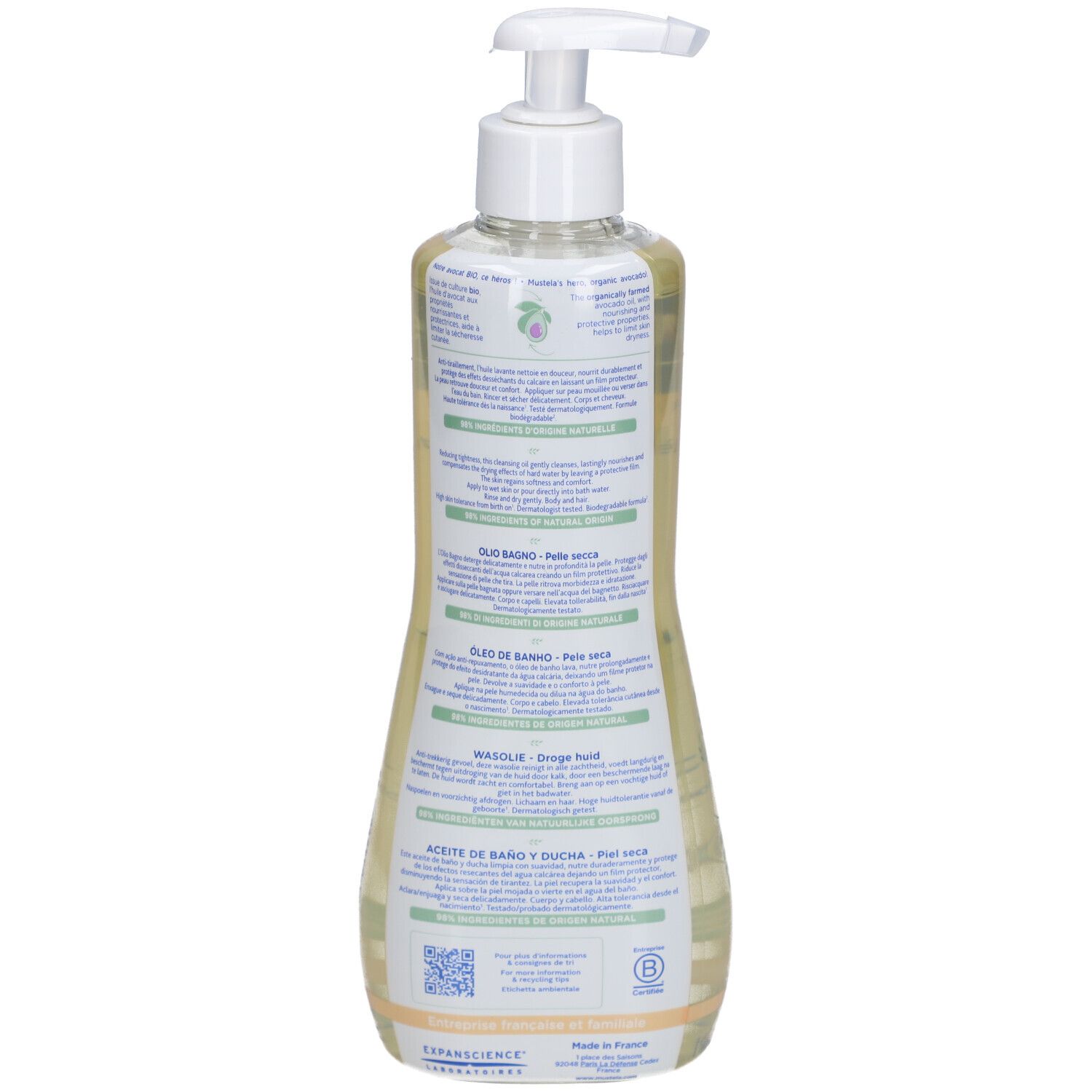 Retro del flacone di olio detergente Mustela. Scritte in diverse lingue. Logo verde. Codice QR.