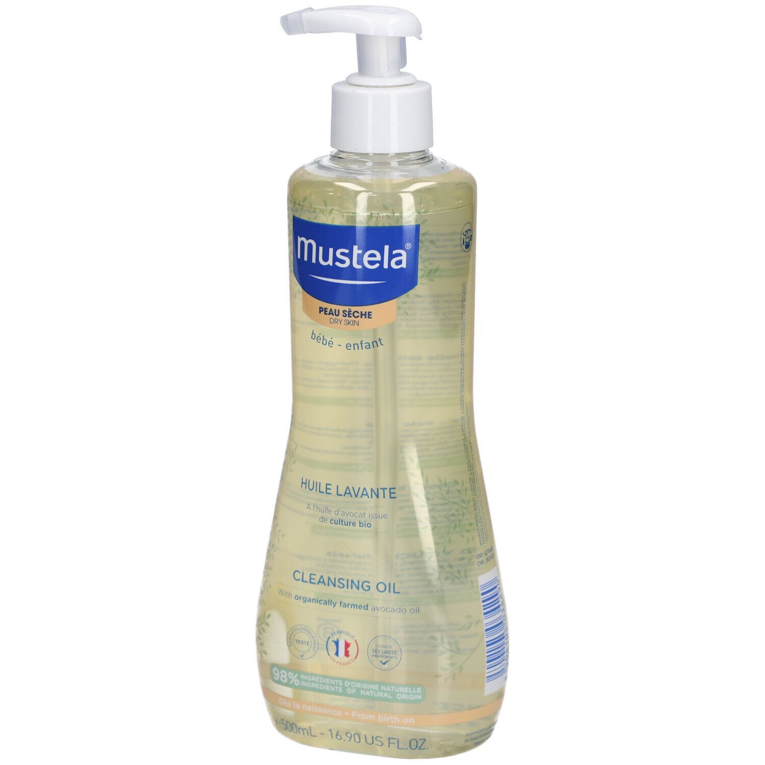 Mustela olio detergente. Flacone con dispenser. Liquido giallastro. Scritta: Peau sèche, bébé-enfant. Scritte in francese.