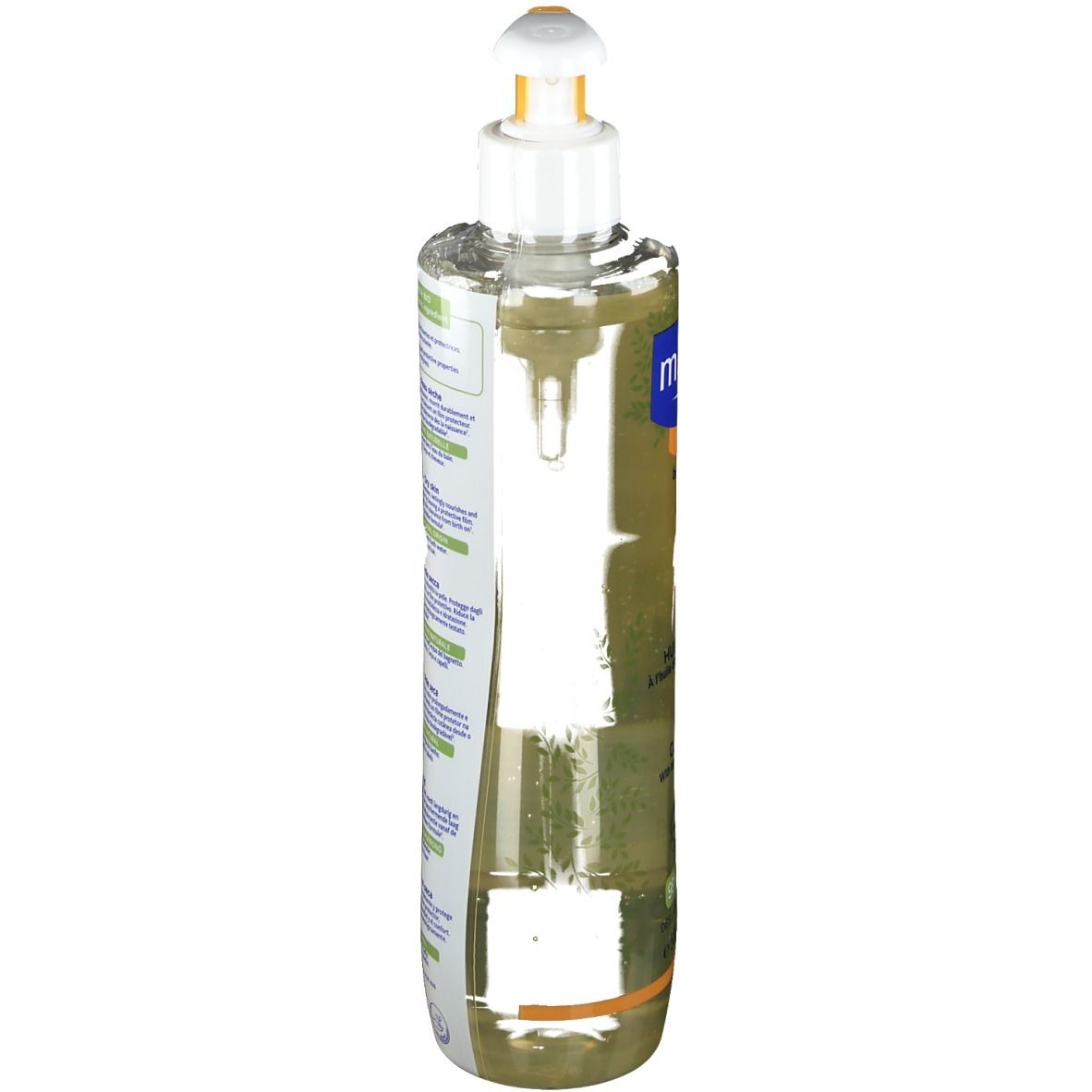 Flacone di olio detergente Mustela, vista laterale. Flacone trasparente con liquido giallastro. Scritte sul flacone.