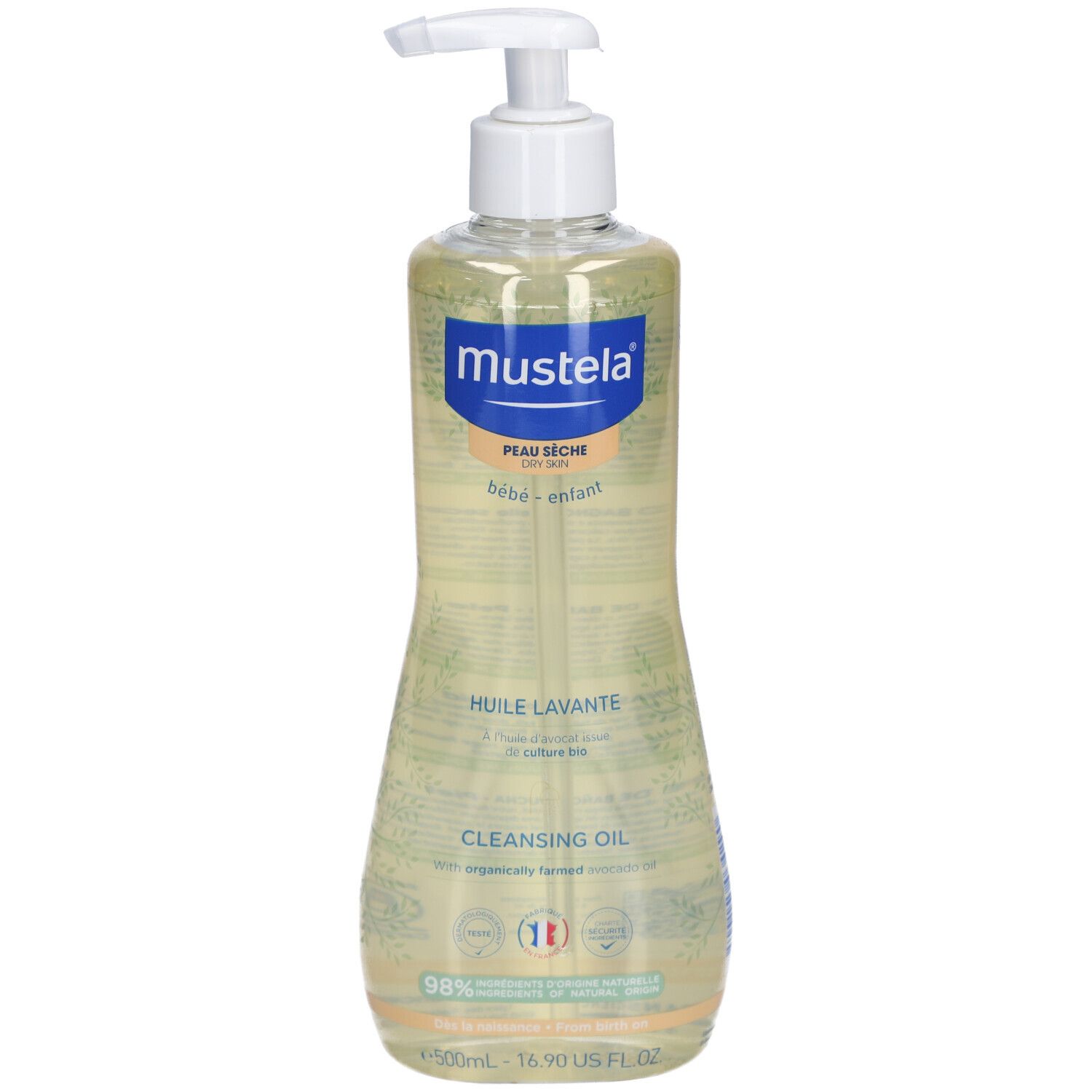 Mustela olio detergente. Flacone con dispenser. Liquido chiaro, giallastro. Scritta: Peau sèche, bébé-enfant. Scritte in francese.