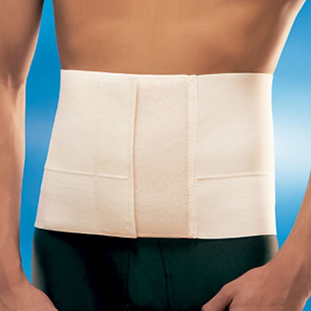 Fascia addominale bianca. Con chiusura a strappo. Taglia M. Vista frontale.
