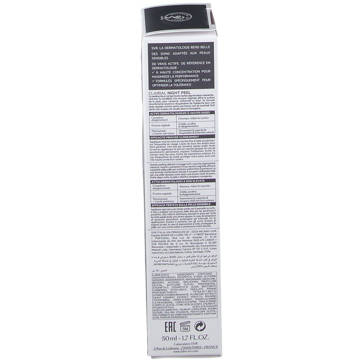 Tubo bianco con logo SVR e nome del prodotto CLAIRIAL NIGHT PEEL. Con applicatore integrato.