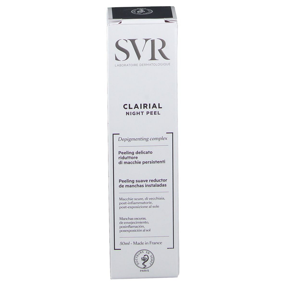 Confezione con logo SVR e nome del prodotto CLAIRIAL NIGHT PEEL. Testo sulla confezione.
