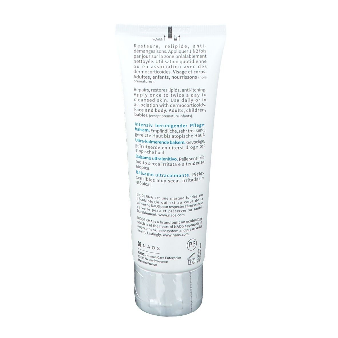 Retro del tubo. BIODERMA Atoderm Intensive Baume. Testo. Ripara, ripristina i lipidi, anti-prurito. Per viso e corpo. PE.