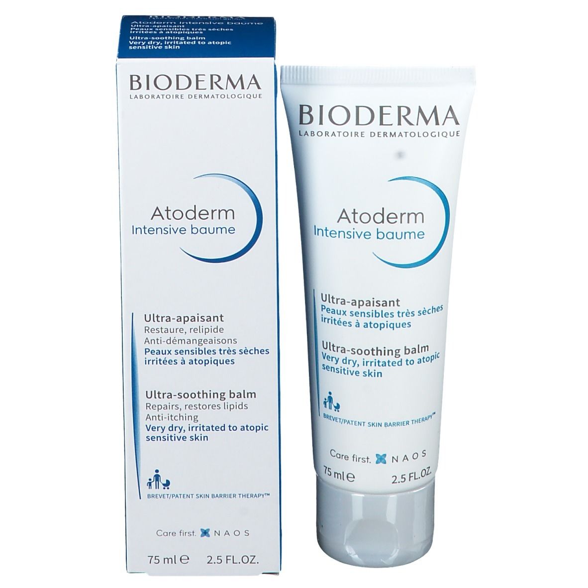 BIODERMA Atoderm Intensive Baume e confezione. Tubo e scatola bianchi. Accenti blu. 75ml. Balsamo ultra-lenitivo.