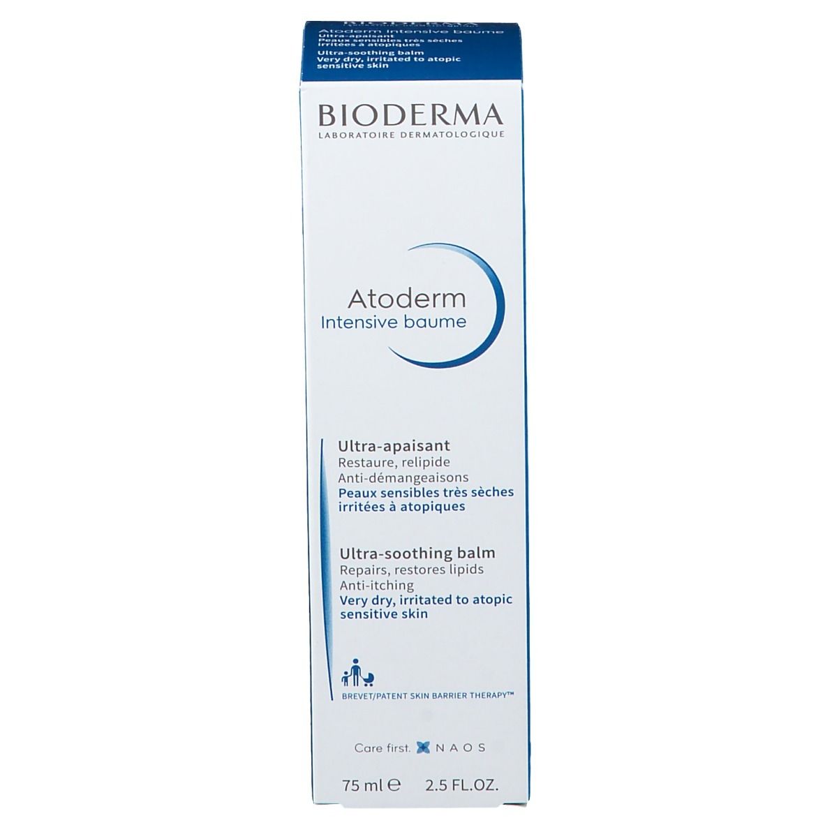 Confezione. BIODERMA Atoderm Intensive Baume. Accenti blu. 75ml. Balsamo ultra-lenitivo per pelli molto secche e irritate.