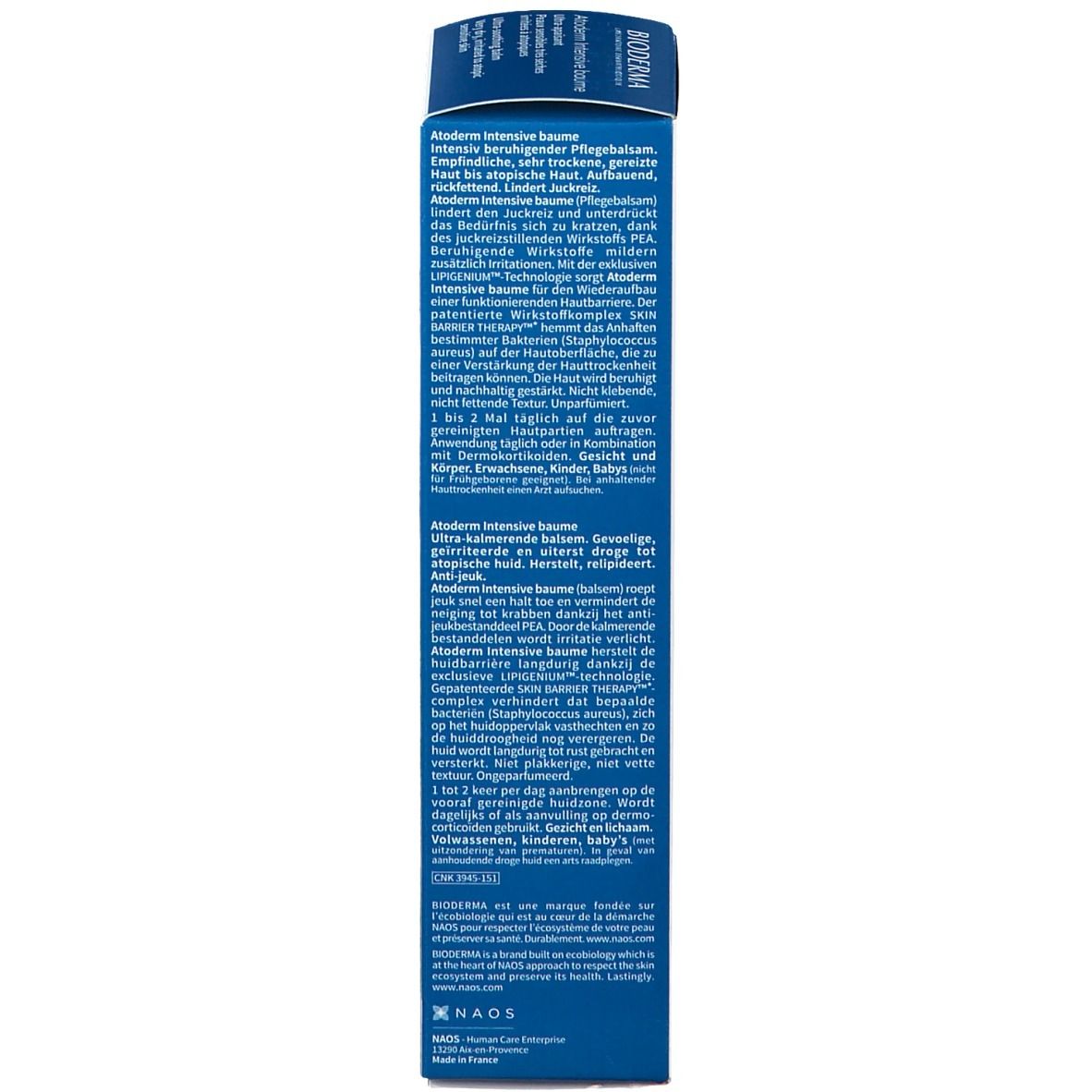 Confezione. BIODERMA Atoderm Intensive Baume. Testo. Istruzioni per l'uso. Ingredienti. Informazioni. Accenti blu.