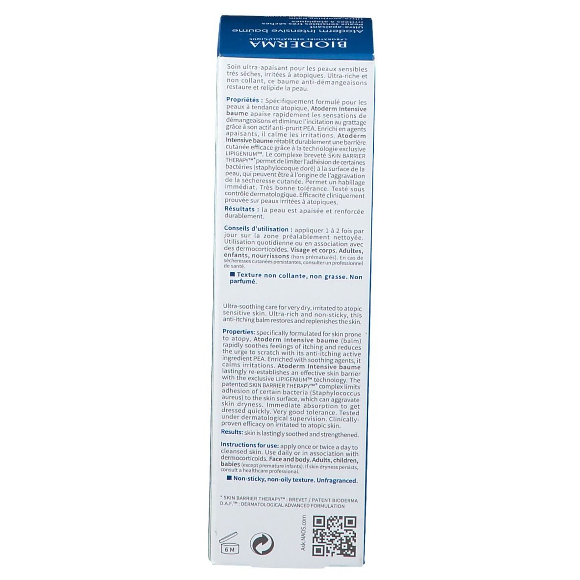 Confezione. BIODERMA Atoderm Intensive Baume. Testo. Proprietà, utilizzo, ingredienti. Accenti blu. Non grasso.