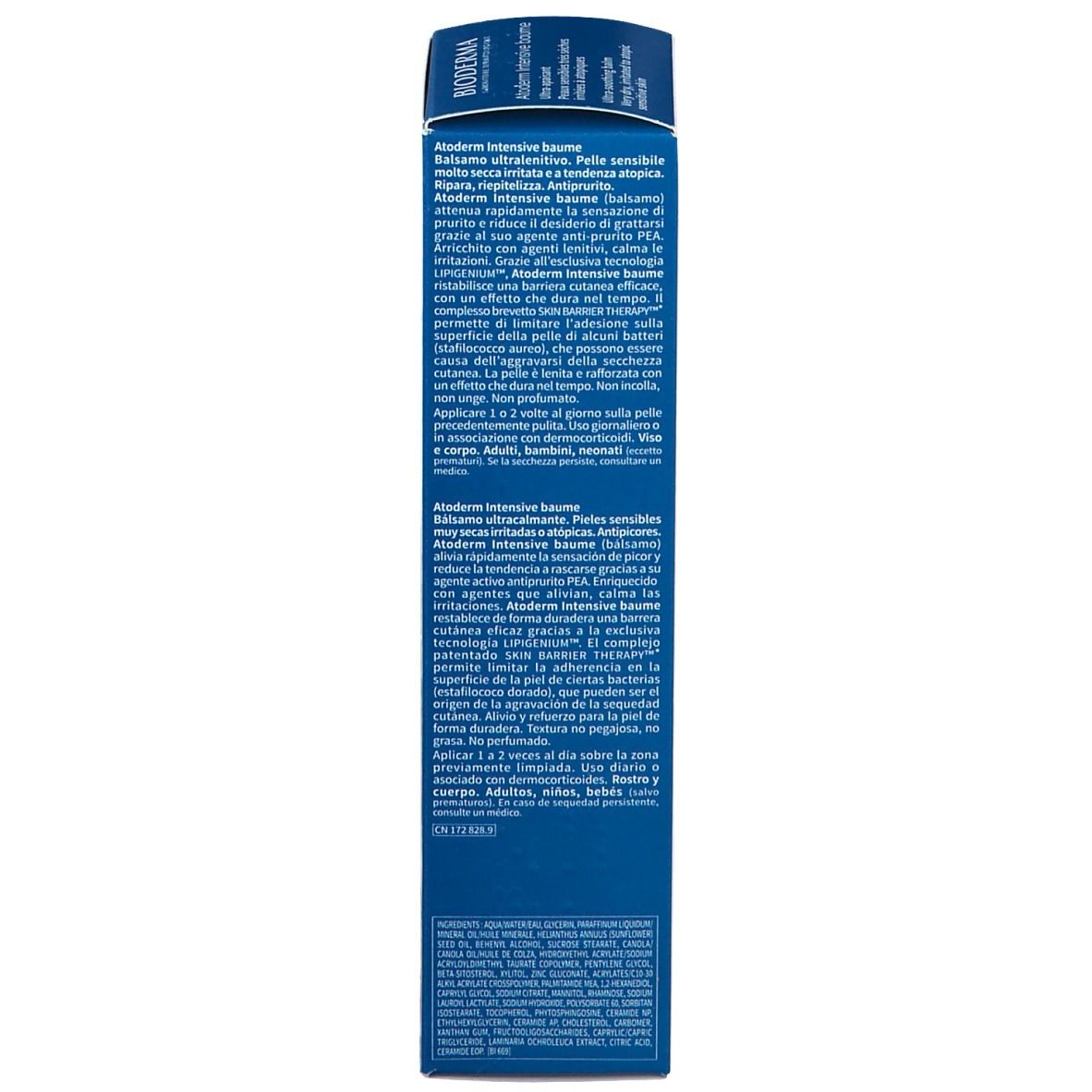Confezione. BIODERMA Atoderm Intensive Baume. Testo. Proprietà, utilizzo, ingredienti. Accenti blu. Non grasso.