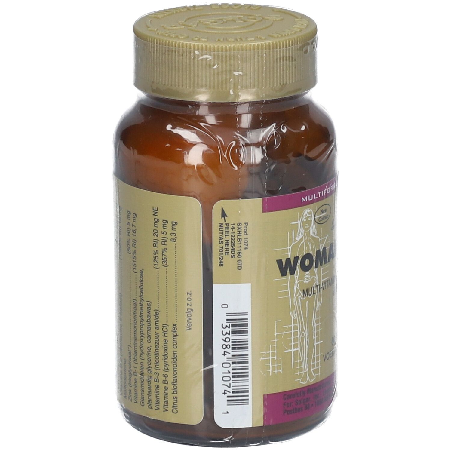 Retro del flacone marrone Solgar Woman Multiple. Elenco ingredienti e informazioni nutrizionali.