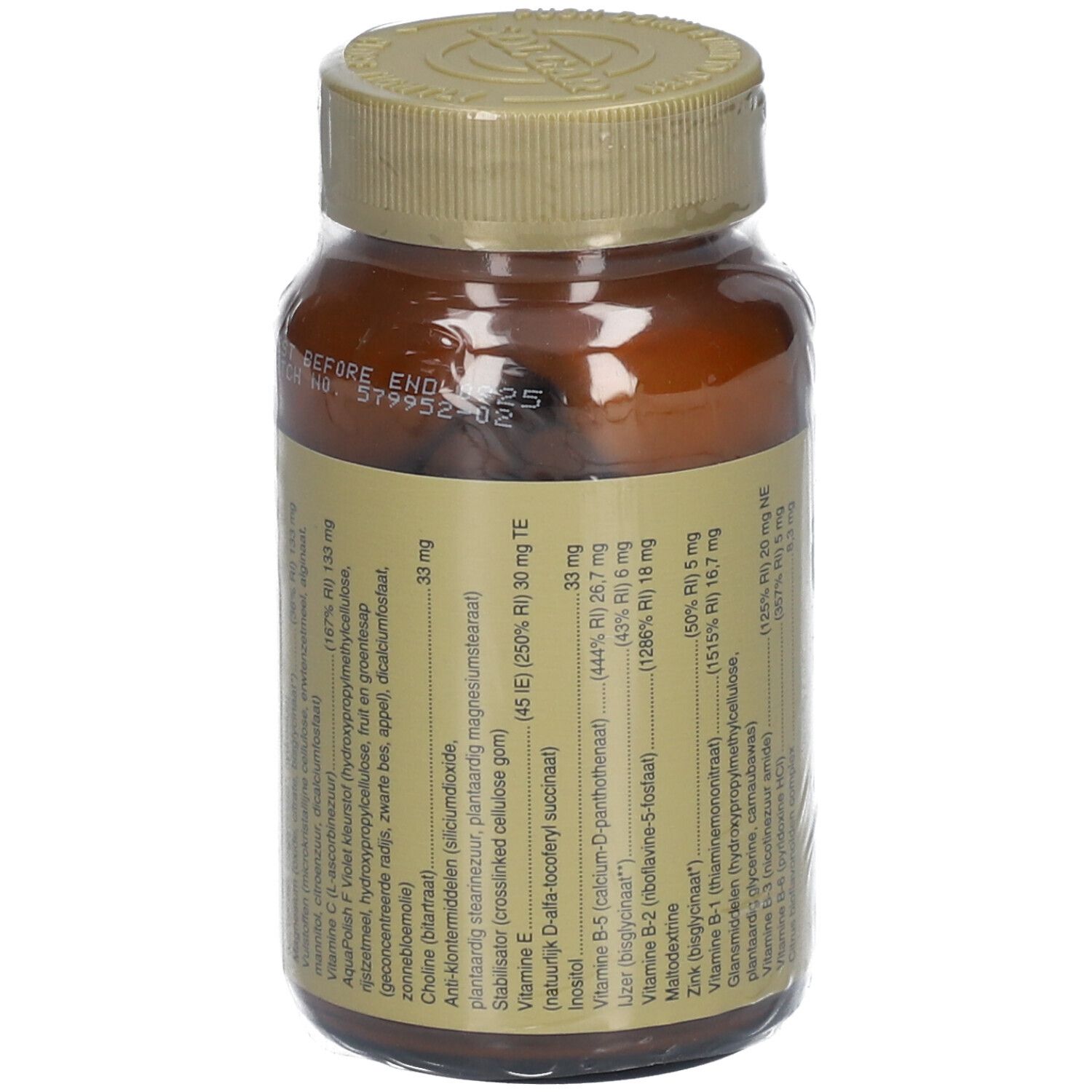 Retro del flacone marrone Solgar Woman Multiple. Elenco ingredienti e informazioni nutrizionali.