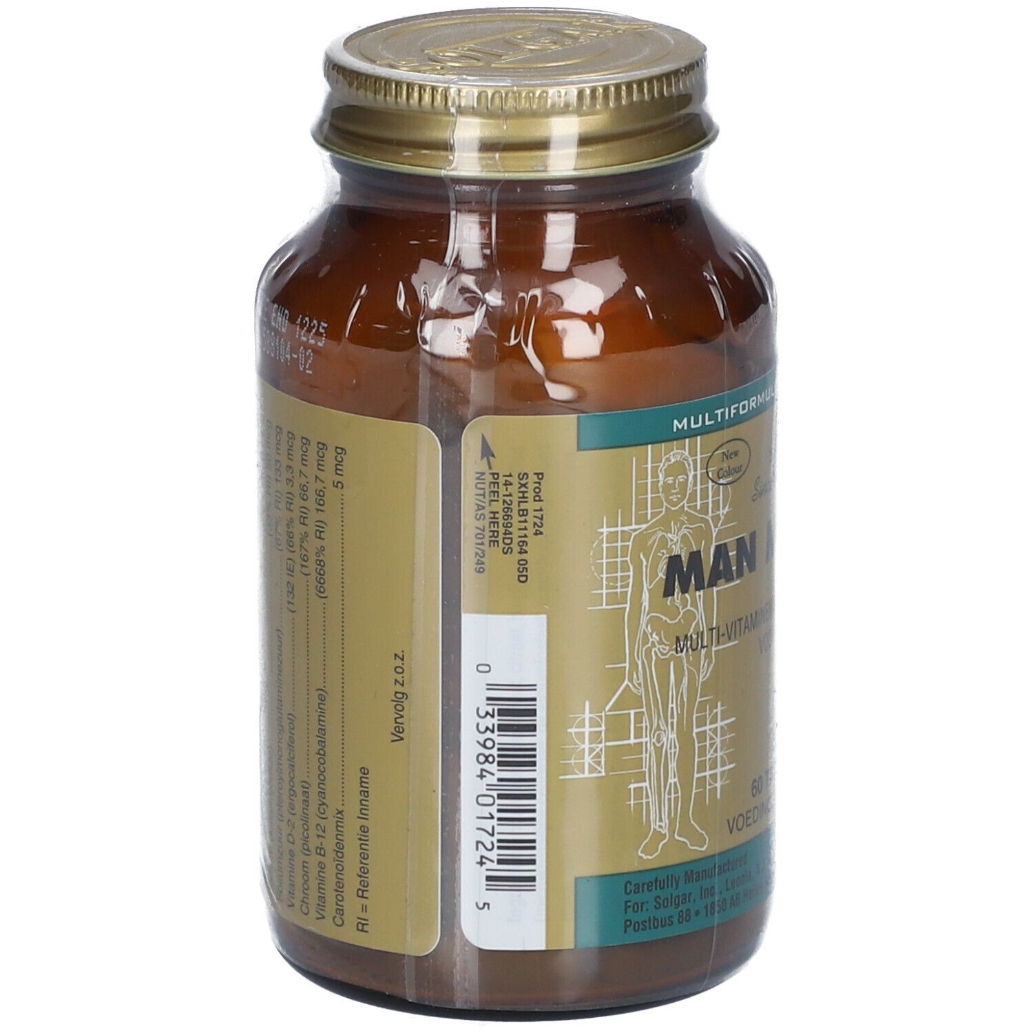 Flacone di vetro marrone con coperchio dorato. Scritta: Solgar Man Multiple. Codice a barre e ingredienti.