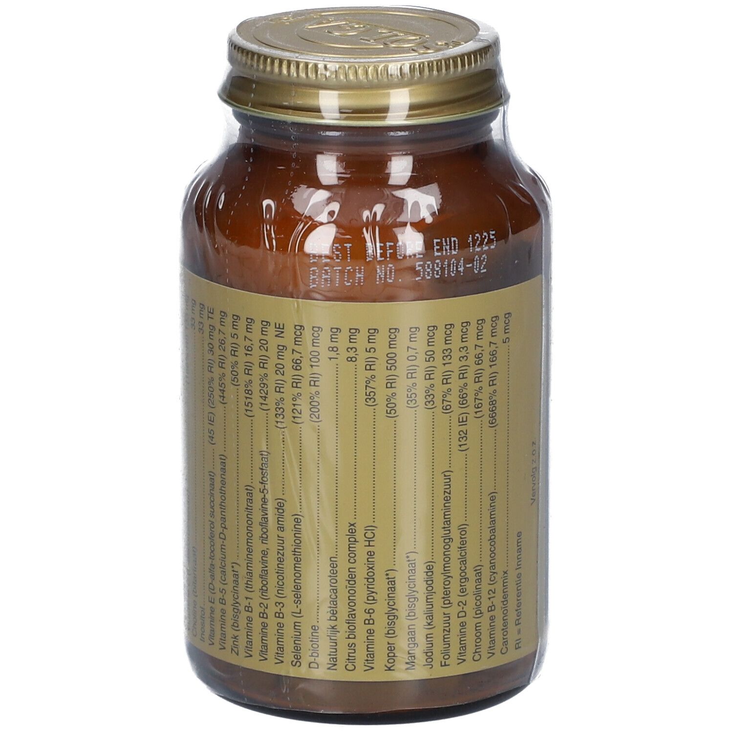 Flacone di vetro marrone con coperchio dorato. Scritta: Solgar Man Multiple. Ingredienti e data di scadenza.