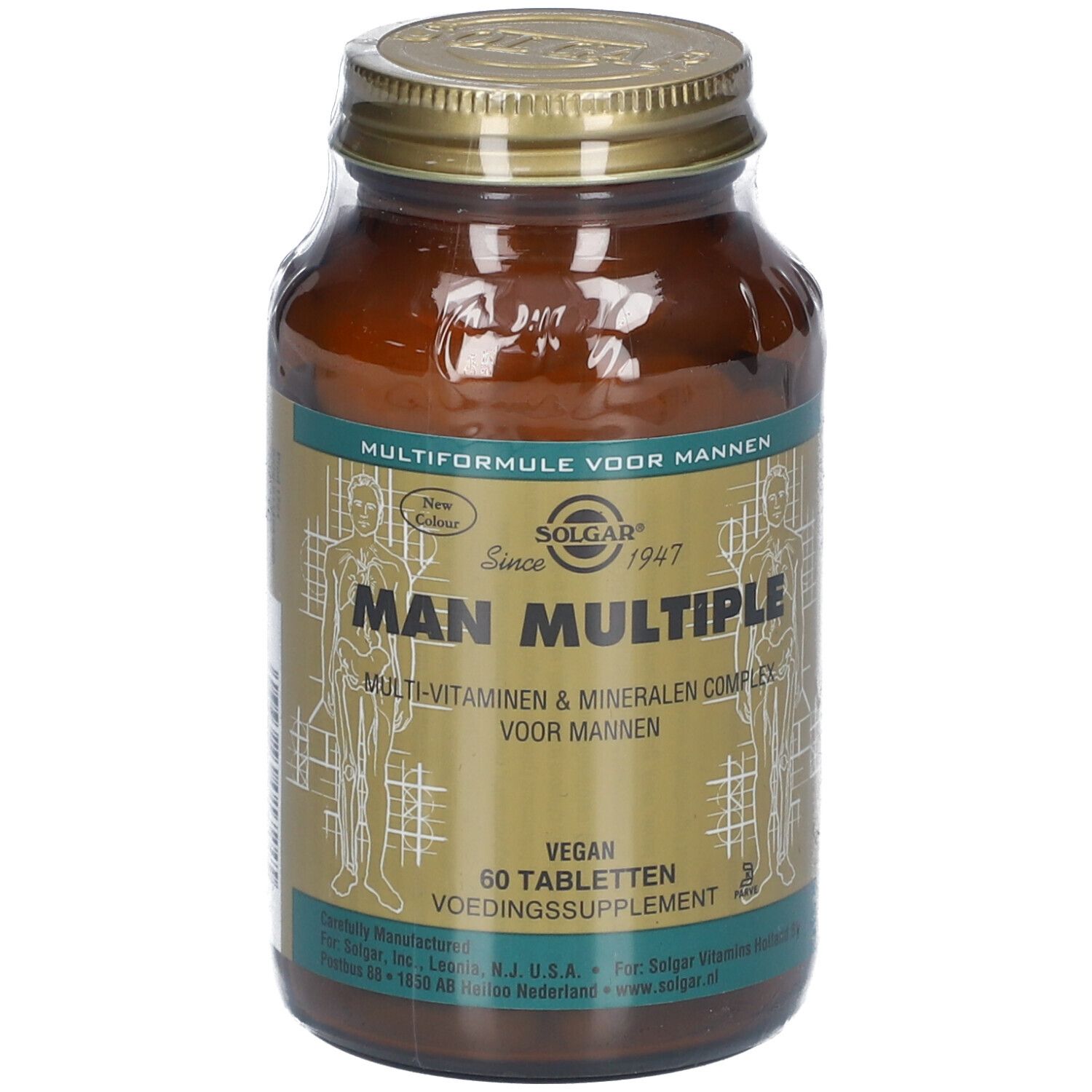 Flacone di vetro marrone con coperchio dorato. Scritta: Solgar Man Multiple. 60 compresse. Vegan.