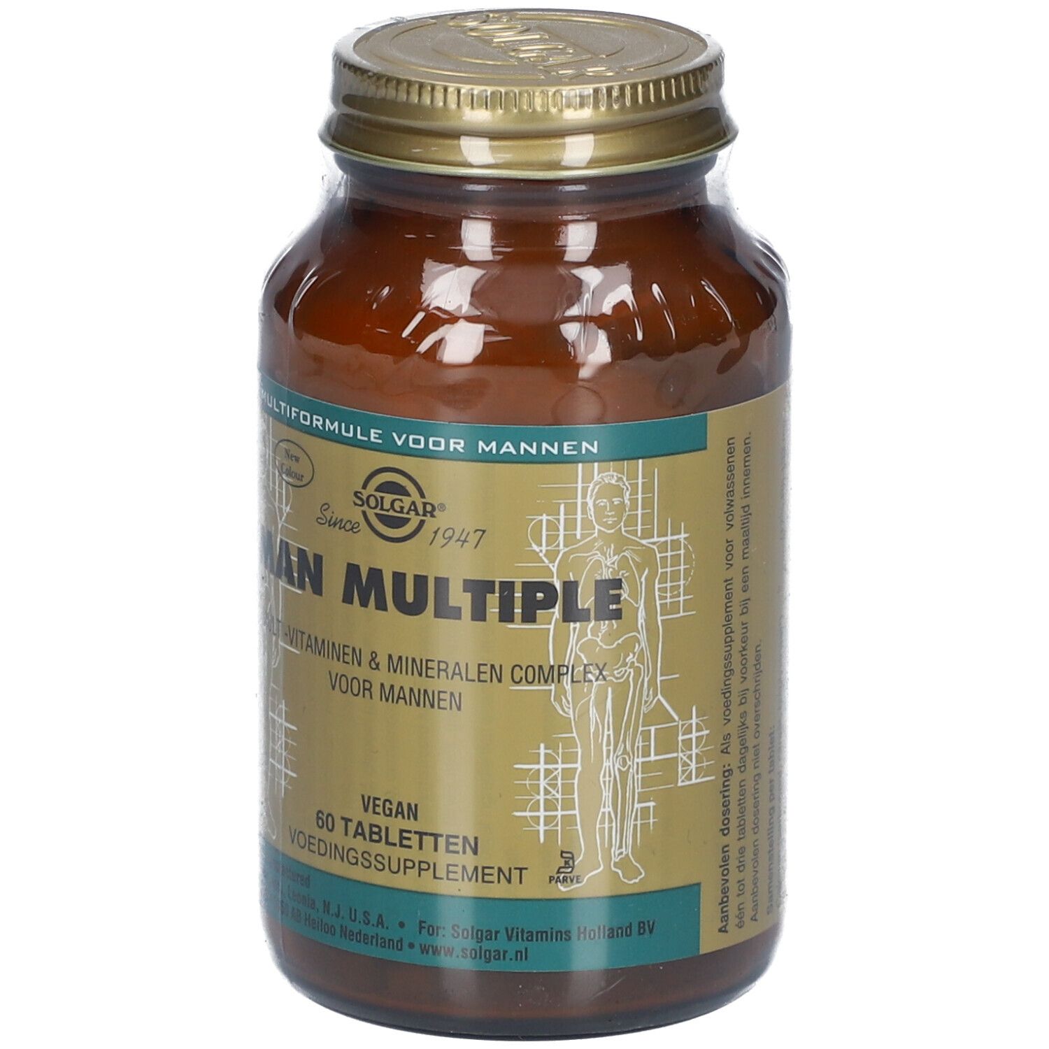 Flacone di vetro marrone con coperchio dorato. Scritta: Solgar Man Multiple. 60 compresse. Vegan.