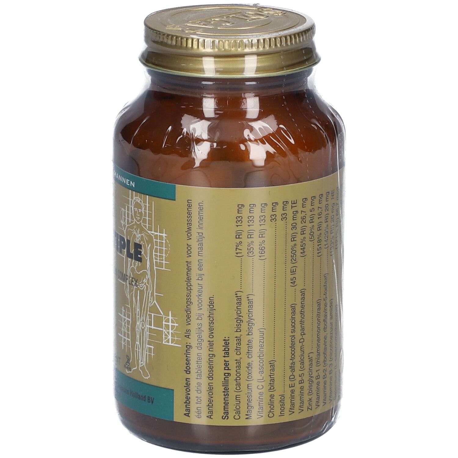 Flacone di vetro marrone con coperchio dorato. Scritta: Solgar Man Multiple. Ingredienti.