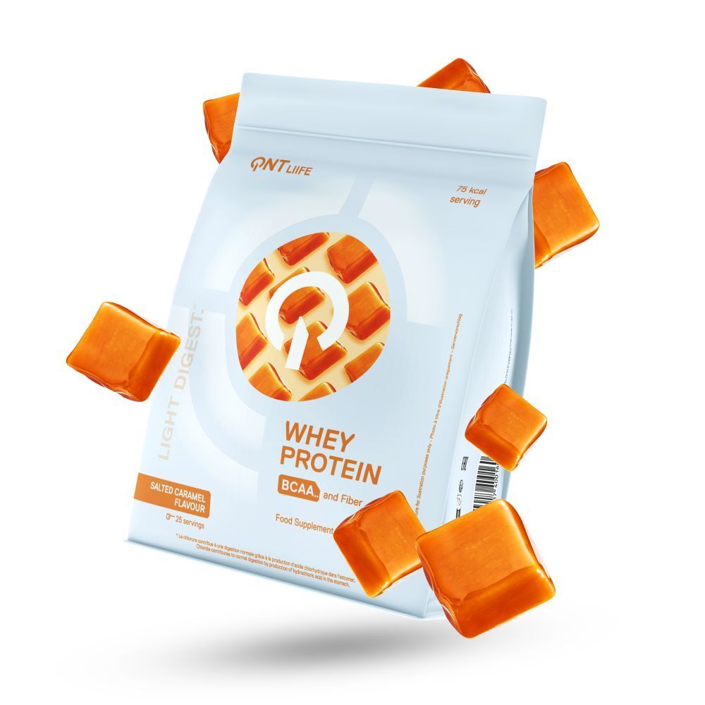 Confezione di proteine del siero del latte, gusto caramello salato. BCAA e fibre. Logo QNT Life e caramelle.