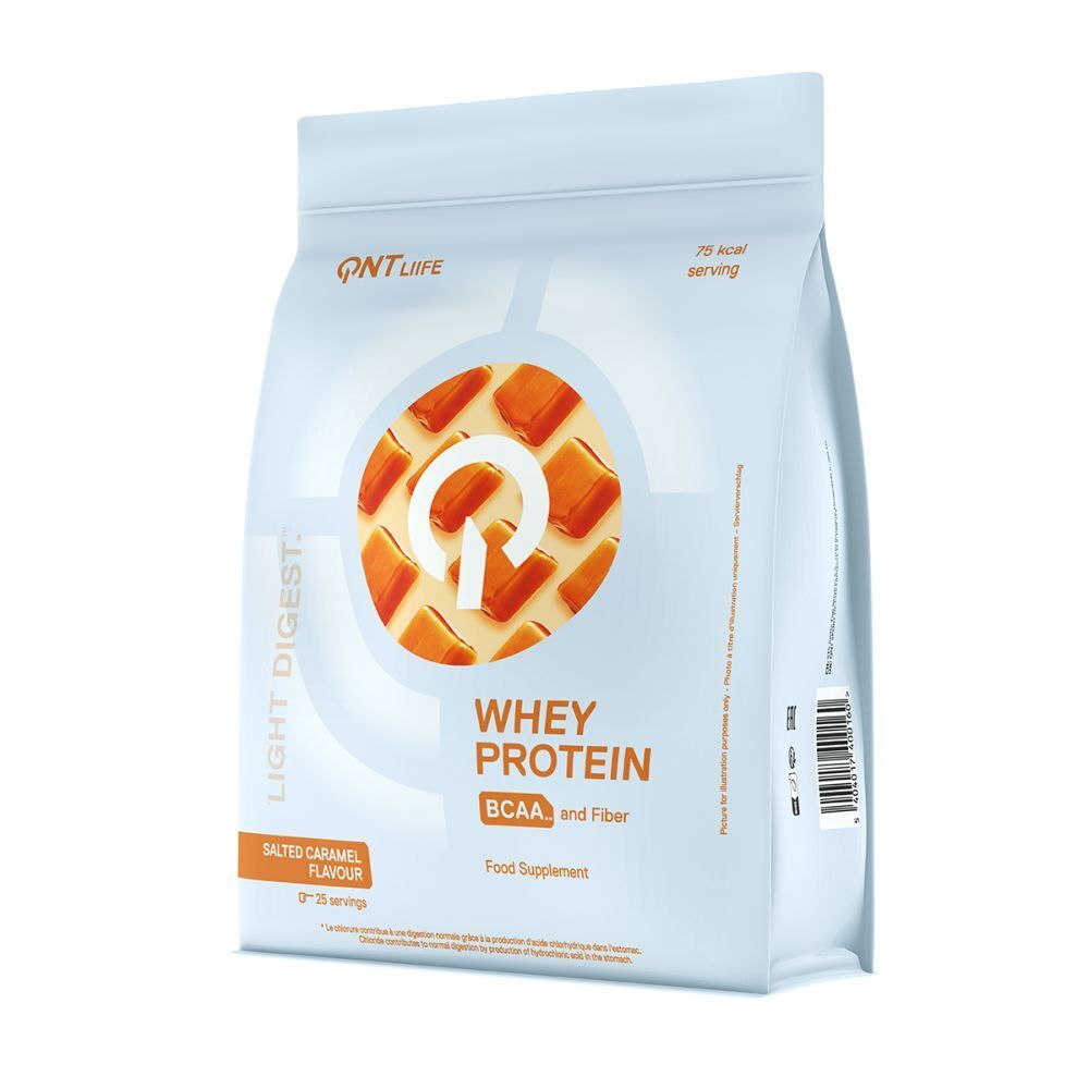 Confezione bianca di proteine del siero del latte, gusto caramello salato. Logo QNT Life, testo: Whey Protein, BCAA e fibre.